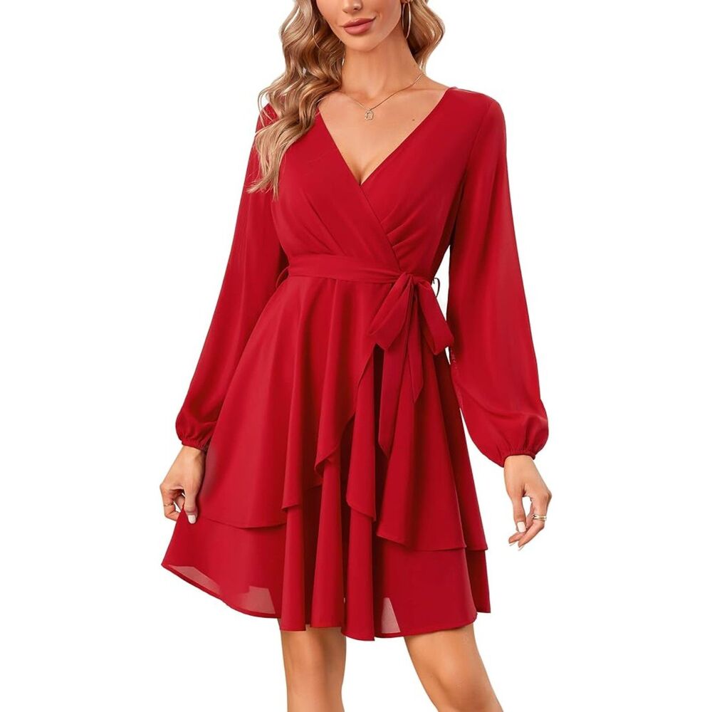KOJOOIN  V Neck Long Sleeve Tie Waist Solid Ruffle Dress  Size: Small
